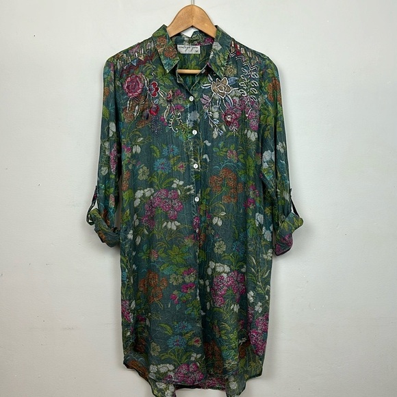 Vintage Goa Green Floral Embroidered Button Down Shirt-Dress Top Sz M - Picture 2 of 11